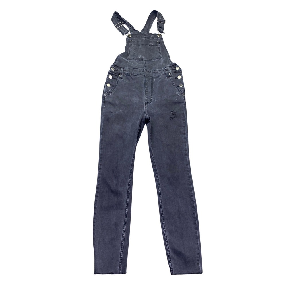 RVCA Foss Distressed Black Denim Overalls Womens Size 28 Skinny Leg Raw Hem
